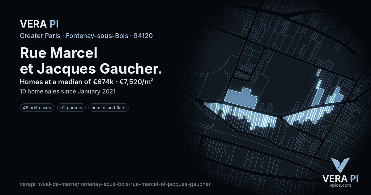 Rue Marcel et Jacques Gaucher, Fontenay-sous-Bois at night – every parcel coloured by the prices around it, the street's own parcels lit