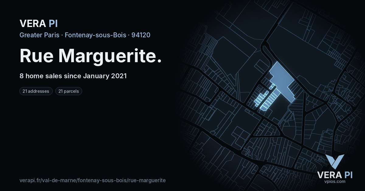 Rue Marguerite, Fontenay-sous-Bois at night – every parcel coloured by the prices around it, the street's own parcels lit