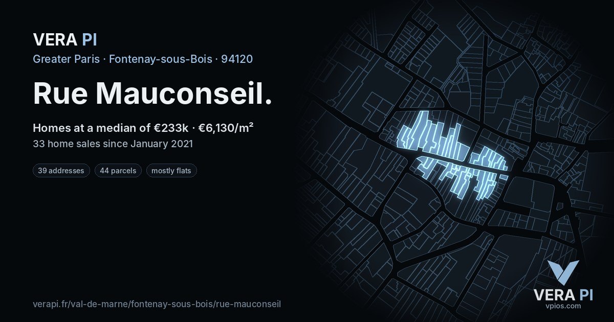 Rue Mauconseil, Fontenay-sous-Bois at night – every parcel coloured by the prices around it, the street's own parcels lit