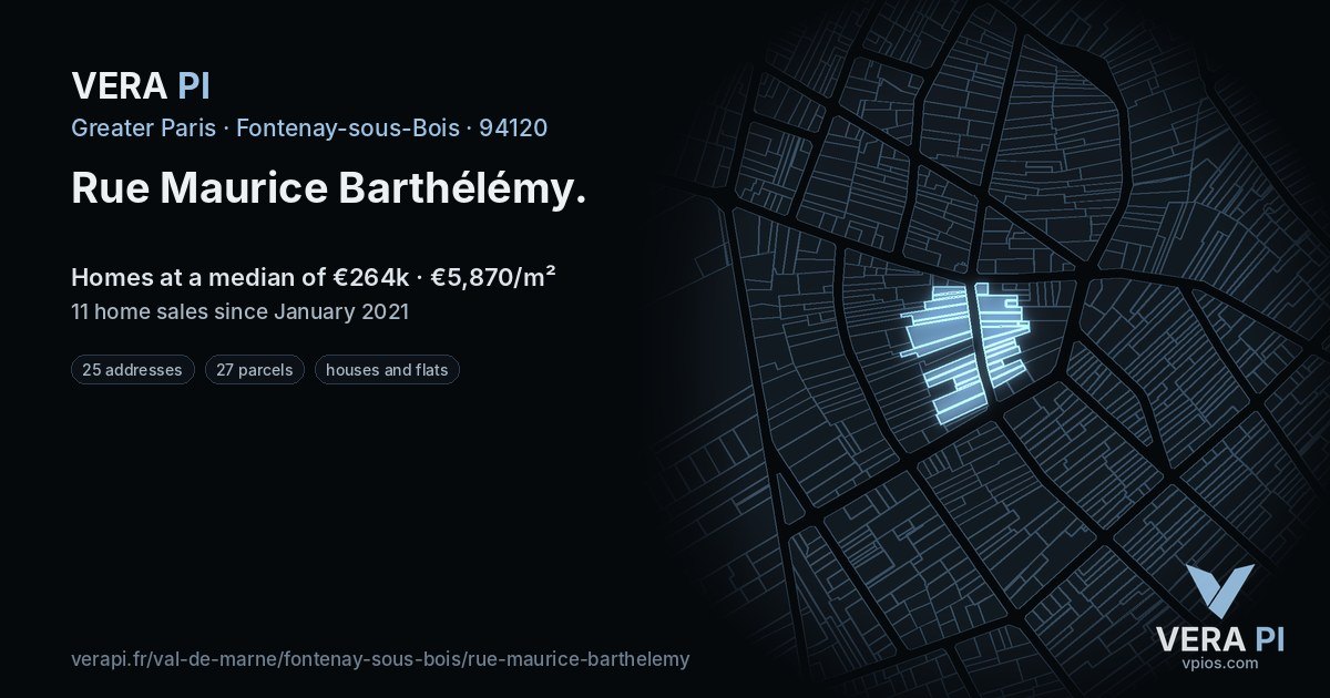 Rue Maurice Barthélémy, Fontenay-sous-Bois at night – every parcel coloured by the prices around it, the street's own parcels lit
