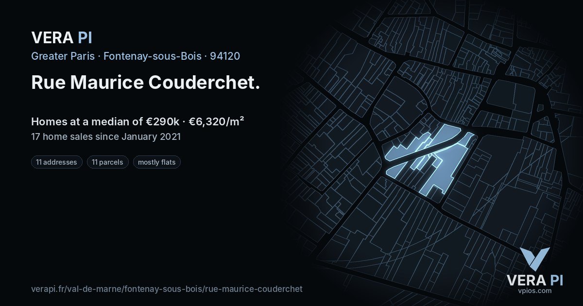 Rue Maurice Couderchet, Fontenay-sous-Bois at night – every parcel coloured by the prices around it, the street's own parcels lit