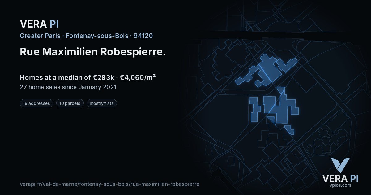 Rue Maximilien Robespierre, Fontenay-sous-Bois at night – every parcel coloured by the prices around it, the street's own parcels lit