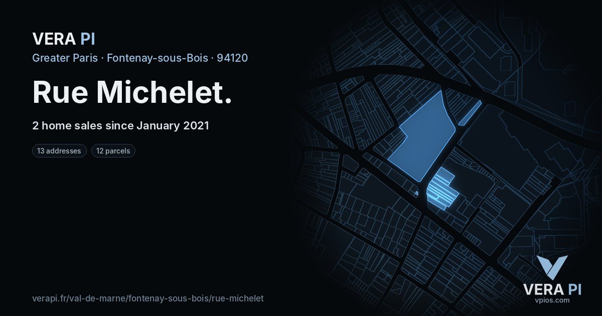 Rue Michelet, Fontenay-sous-Bois at night – every parcel coloured by the prices around it, the street's own parcels lit
