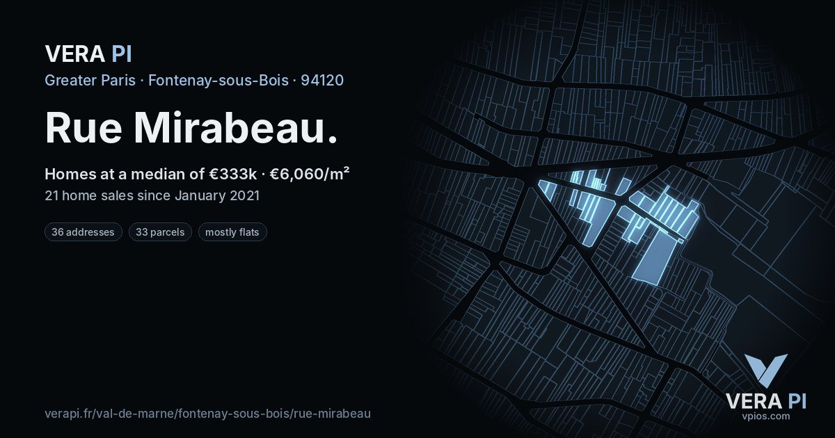 Rue Mirabeau, Fontenay-sous-Bois at night – every parcel coloured by the prices around it, the street's own parcels lit