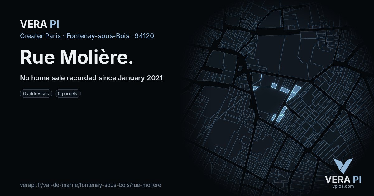 Rue Molière, Fontenay-sous-Bois at night – every parcel coloured by the prices around it, the street's own parcels lit