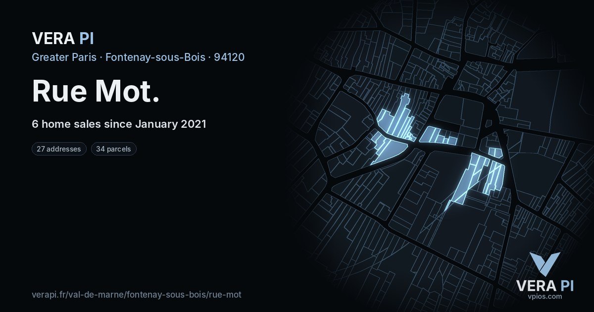Rue Mot, Fontenay-sous-Bois at night – every parcel coloured by the prices around it, the street's own parcels lit