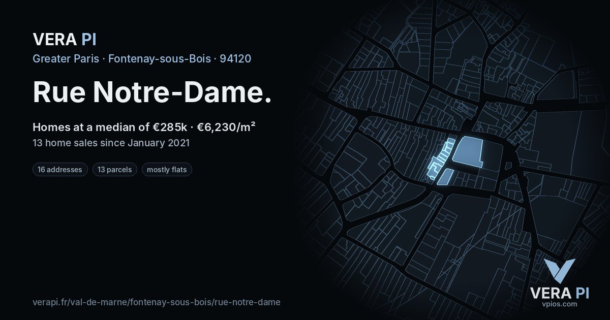 Rue Notre-Dame, Fontenay-sous-Bois at night – every parcel coloured by the prices around it, the street's own parcels lit