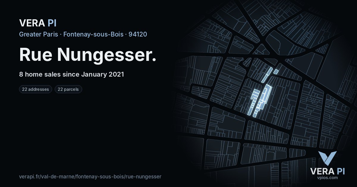 Rue Nungesser, Fontenay-sous-Bois at night – every parcel coloured by the prices around it, the street's own parcels lit