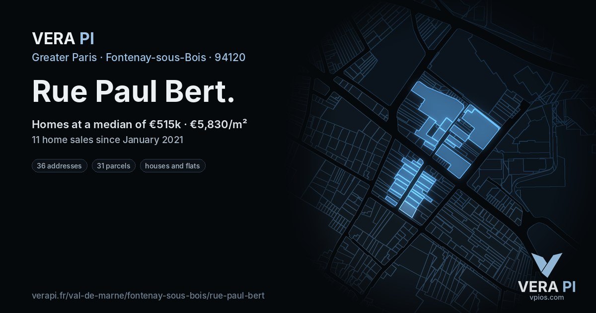 Rue Paul Bert, Fontenay-sous-Bois at night – every parcel coloured by the prices around it, the street's own parcels lit