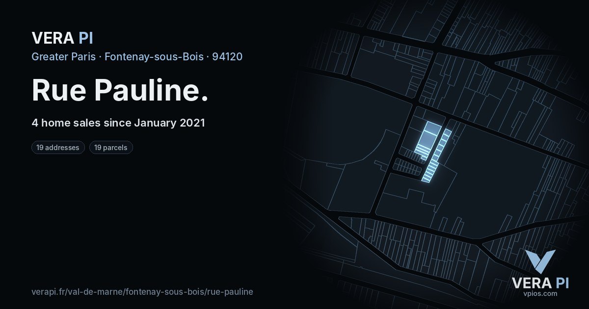 Rue Pauline, Fontenay-sous-Bois at night – every parcel coloured by the prices around it, the street's own parcels lit