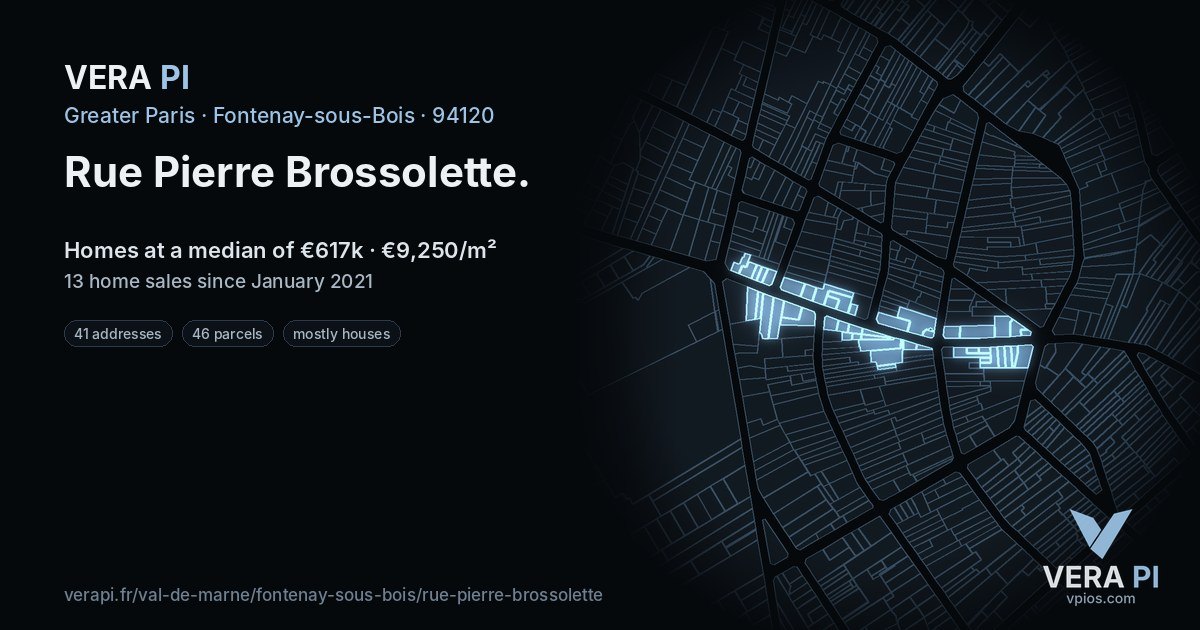 Rue Pierre Brossolette, Fontenay-sous-Bois at night – every parcel coloured by the prices around it, the street's own parcels lit