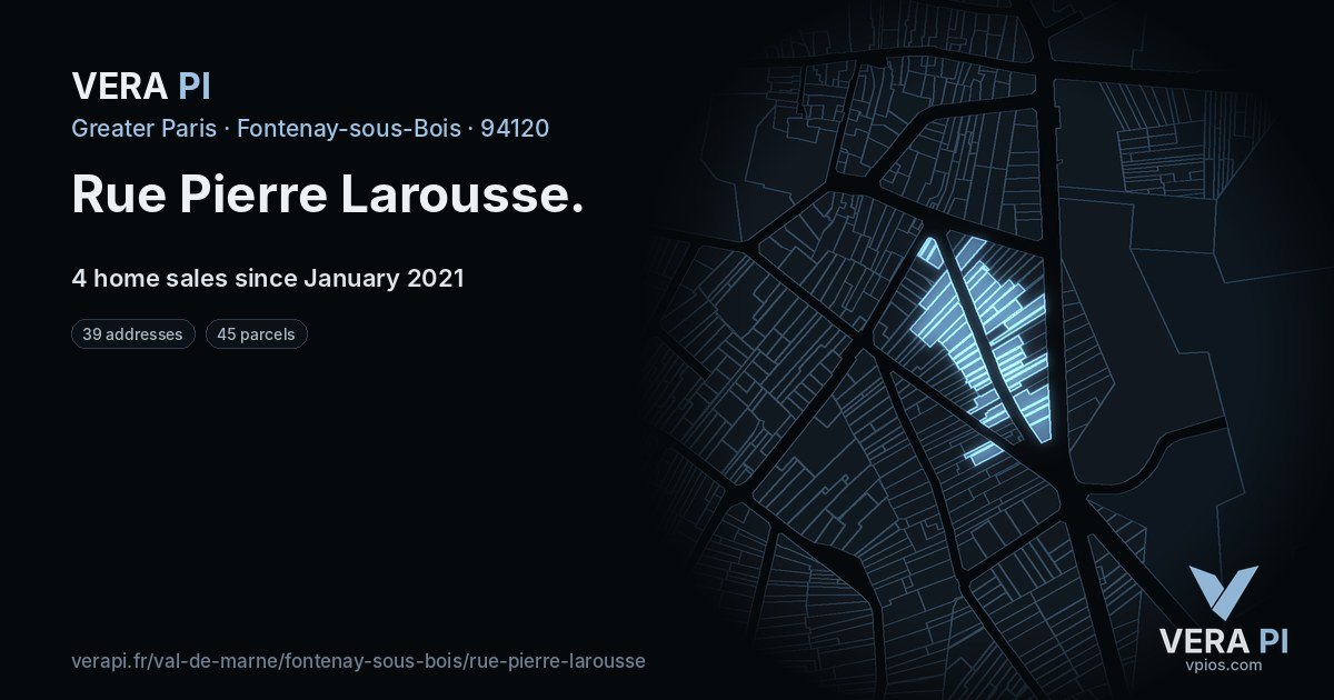 Rue Pierre Larousse, Fontenay-sous-Bois at night – every parcel coloured by the prices around it, the street's own parcels lit