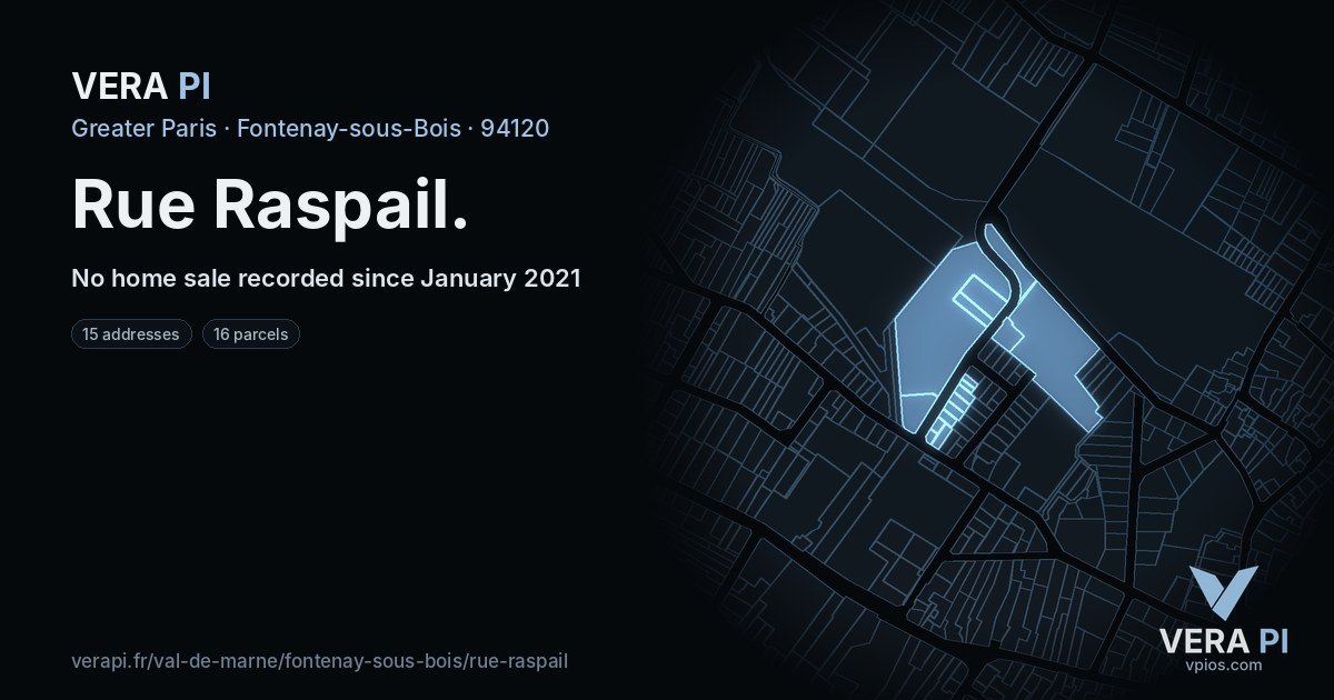 Rue Raspail, Fontenay-sous-Bois at night – every parcel coloured by the prices around it, the street's own parcels lit