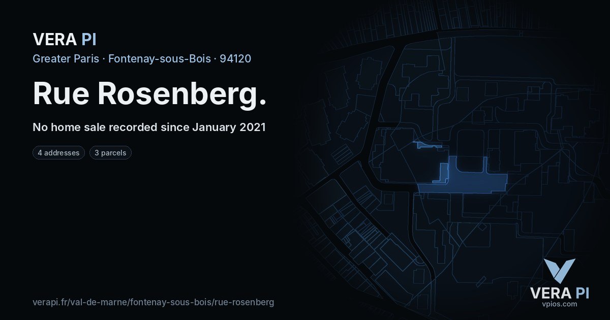 Rue Rosenberg, Fontenay-sous-Bois at night – every parcel coloured by the prices around it, the street's own parcels lit