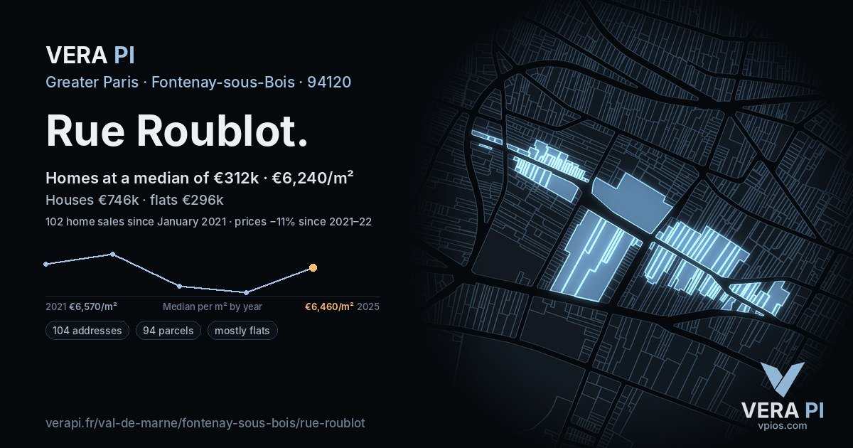 Rue Roublot, Fontenay-sous-Bois at night – every parcel coloured by the prices around it, the street's own parcels lit