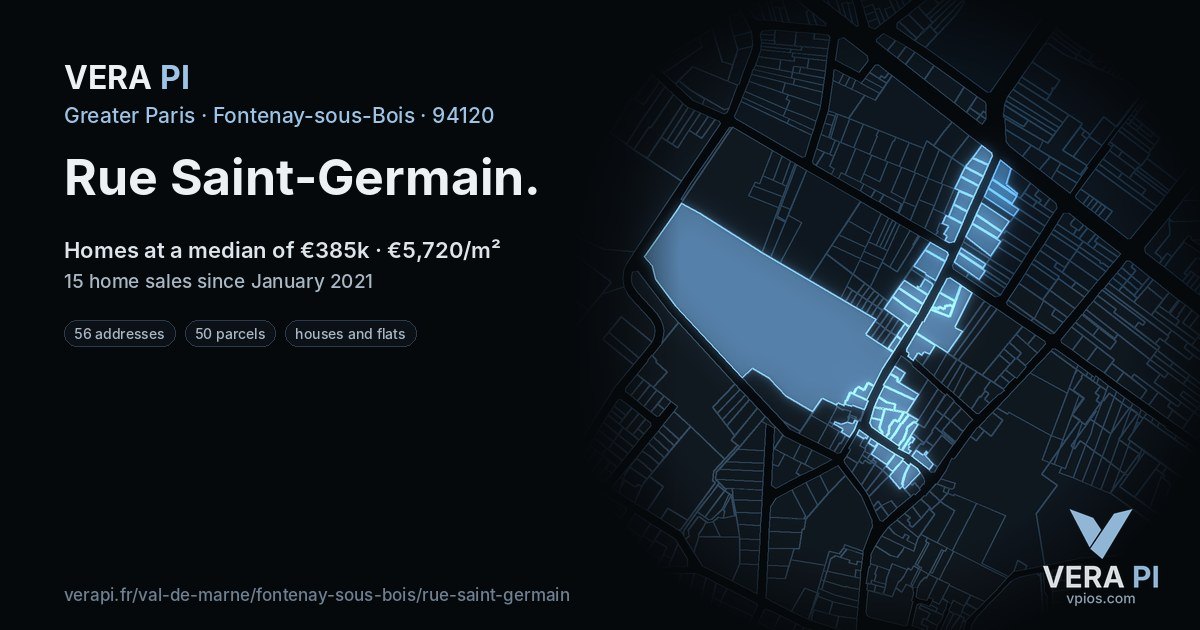 Rue Saint-Germain, Fontenay-sous-Bois at night – every parcel coloured by the prices around it, the street's own parcels lit