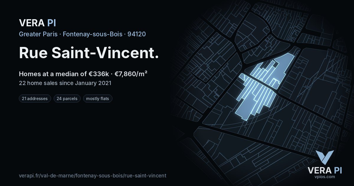 Rue Saint-Vincent, Fontenay-sous-Bois at night – every parcel coloured by the prices around it, the street's own parcels lit