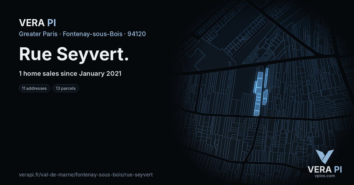 Rue Seyvert, Fontenay-sous-Bois at night – every parcel coloured by the prices around it, the street's own parcels lit