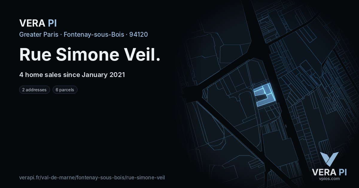 Rue Simone Veil, Fontenay-sous-Bois at night – every parcel coloured by the prices around it, the street's own parcels lit
