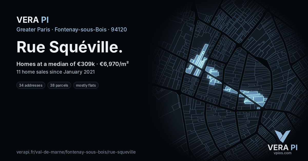 Rue Squéville, Fontenay-sous-Bois at night – every parcel coloured by the prices around it, the street's own parcels lit