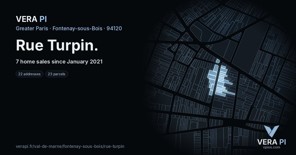 Rue Turpin, Fontenay-sous-Bois at night – every parcel coloured by the prices around it, the street's own parcels lit