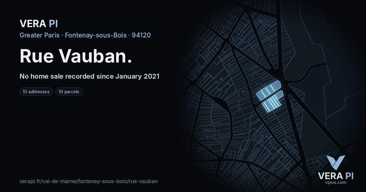 Rue Vauban, Fontenay-sous-Bois at night – every parcel coloured by the prices around it, the street's own parcels lit