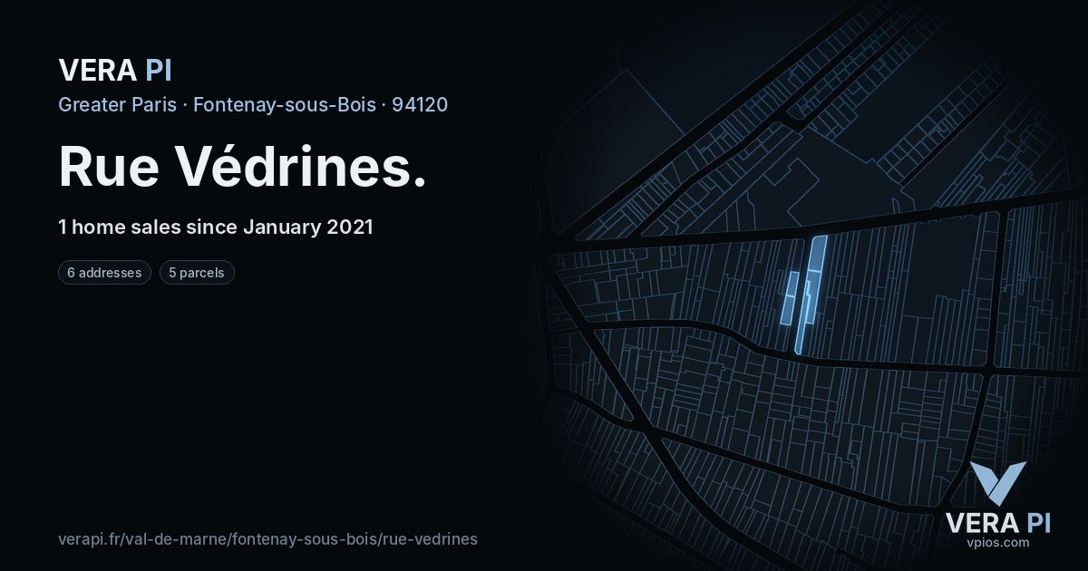 Rue Védrines, Fontenay-sous-Bois at night – every parcel coloured by the prices around it, the street's own parcels lit