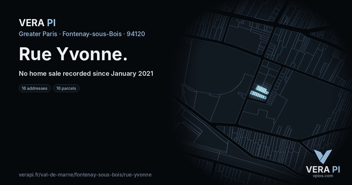 Rue Yvonne, Fontenay-sous-Bois at night – every parcel coloured by the prices around it, the street's own parcels lit