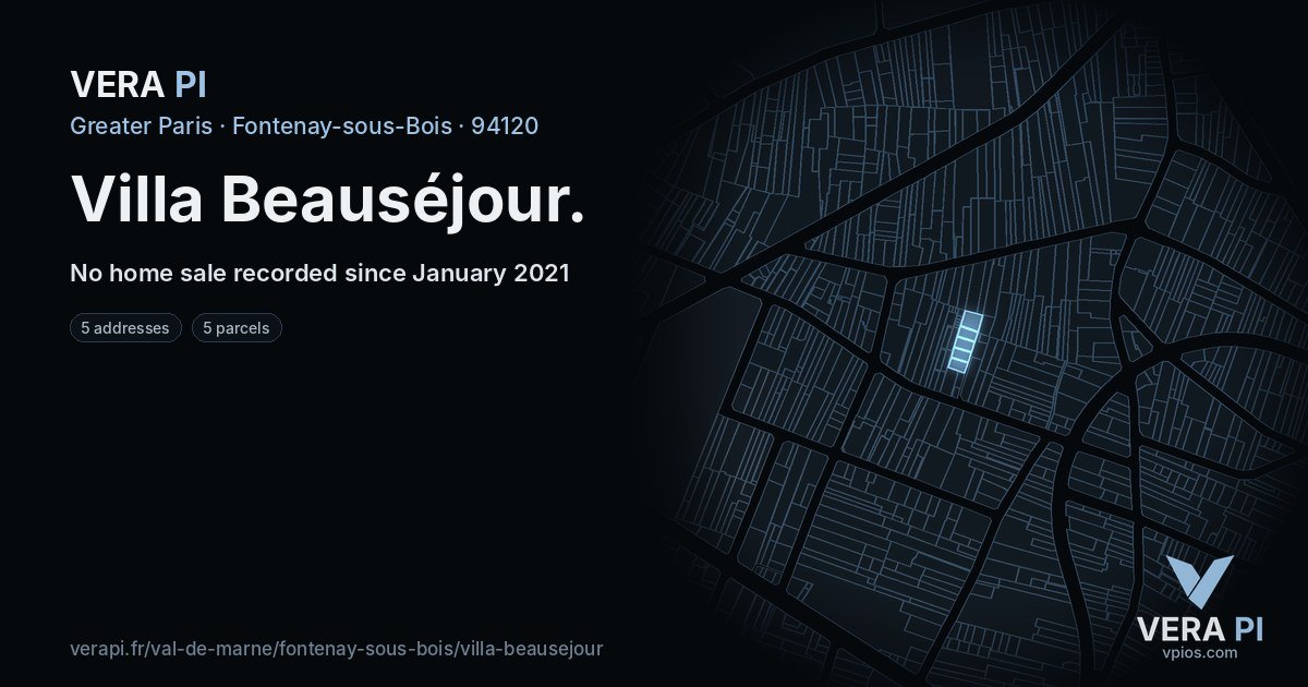 Villa Beauséjour, Fontenay-sous-Bois at night – every parcel coloured by the prices around it, the street's own parcels lit