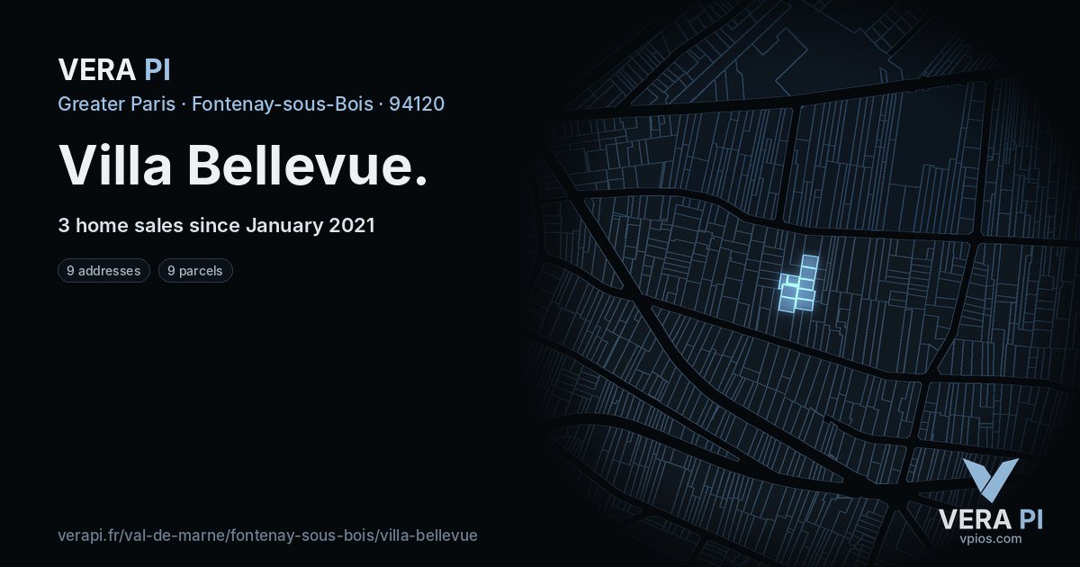 Villa Bellevue, Fontenay-sous-Bois at night – every parcel coloured by the prices around it, the street's own parcels lit