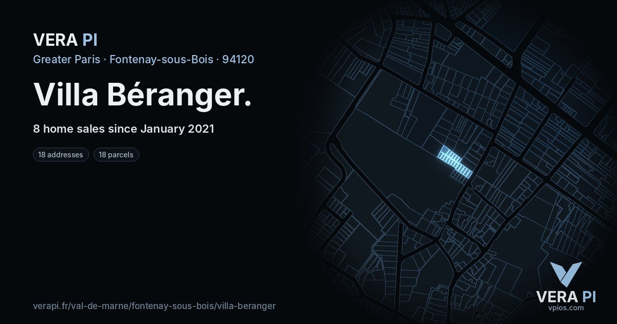 Villa Béranger, Fontenay-sous-Bois at night – every parcel coloured by the prices around it, the street's own parcels lit