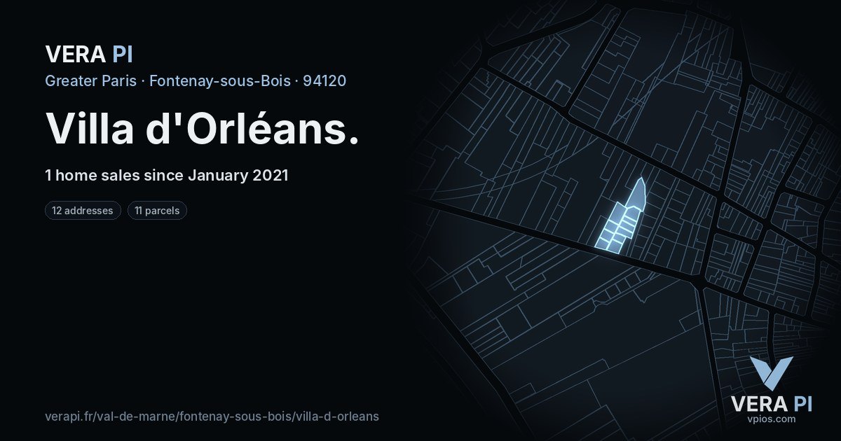 Villa d'Orléans, Fontenay-sous-Bois at night – every parcel coloured by the prices around it, the street's own parcels lit