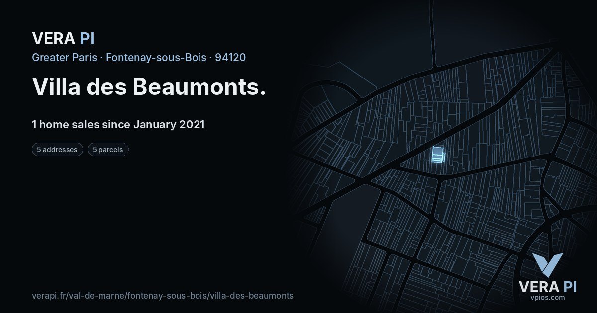 Villa des Beaumonts, Fontenay-sous-Bois at night – every parcel coloured by the prices around it, the street's own parcels lit