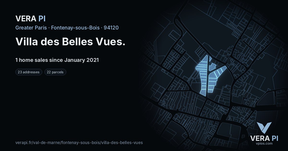 Villa des Belles Vues, Fontenay-sous-Bois at night – every parcel coloured by the prices around it, the street's own parcels lit