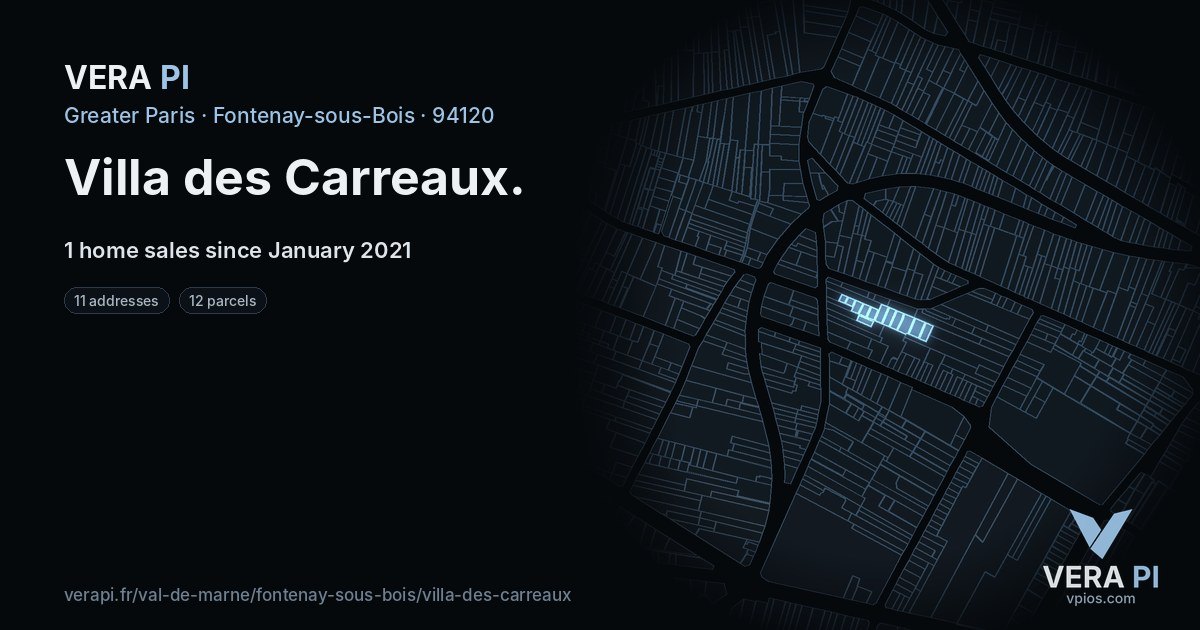 Villa des Carreaux, Fontenay-sous-Bois at night – every parcel coloured by the prices around it, the street's own parcels lit