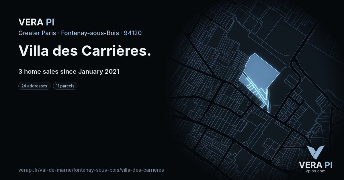 Villa des Carrières, Fontenay-sous-Bois at night – every parcel coloured by the prices around it, the street's own parcels lit
