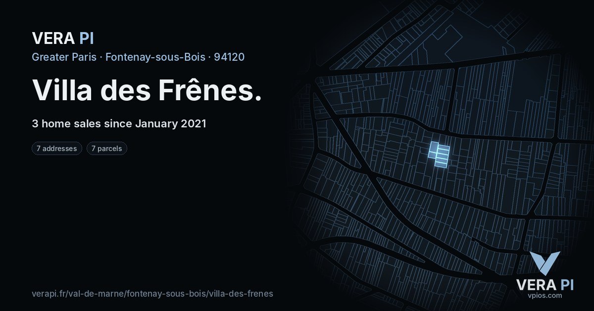 Villa des Frênes, Fontenay-sous-Bois at night – every parcel coloured by the prices around it, the street's own parcels lit