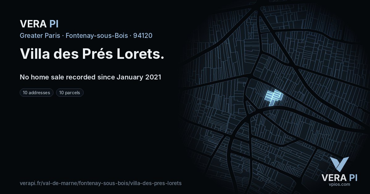 Villa des Prés Lorets, Fontenay-sous-Bois at night – every parcel coloured by the prices around it, the street's own parcels lit