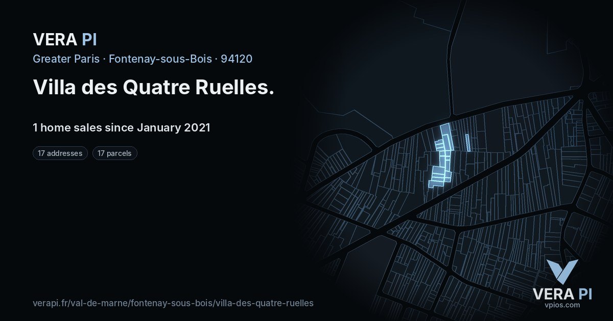 Villa des Quatre Ruelles, Fontenay-sous-Bois at night – every parcel coloured by the prices around it, the street's own parcels lit