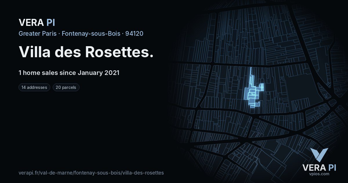 Villa des Rosettes, Fontenay-sous-Bois at night – every parcel coloured by the prices around it, the street's own parcels lit