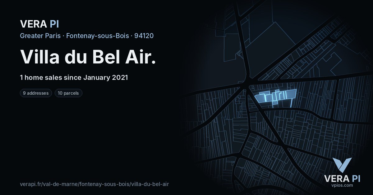 Villa du Bel Air, Fontenay-sous-Bois at night – every parcel coloured by the prices around it, the street's own parcels lit