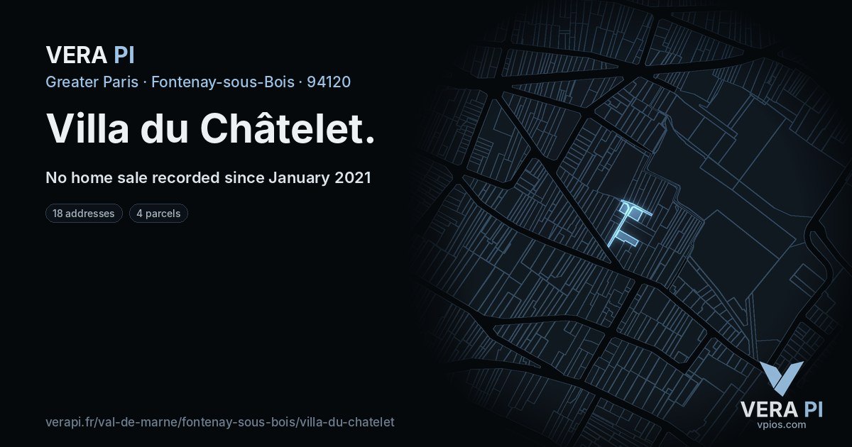 Villa du Châtelet, Fontenay-sous-Bois at night – every parcel coloured by the prices around it, the street's own parcels lit