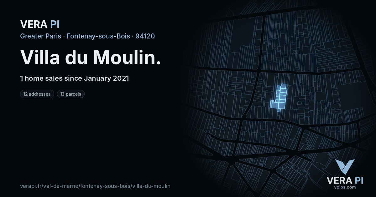 Villa du Moulin, Fontenay-sous-Bois at night – every parcel coloured by the prices around it, the street's own parcels lit