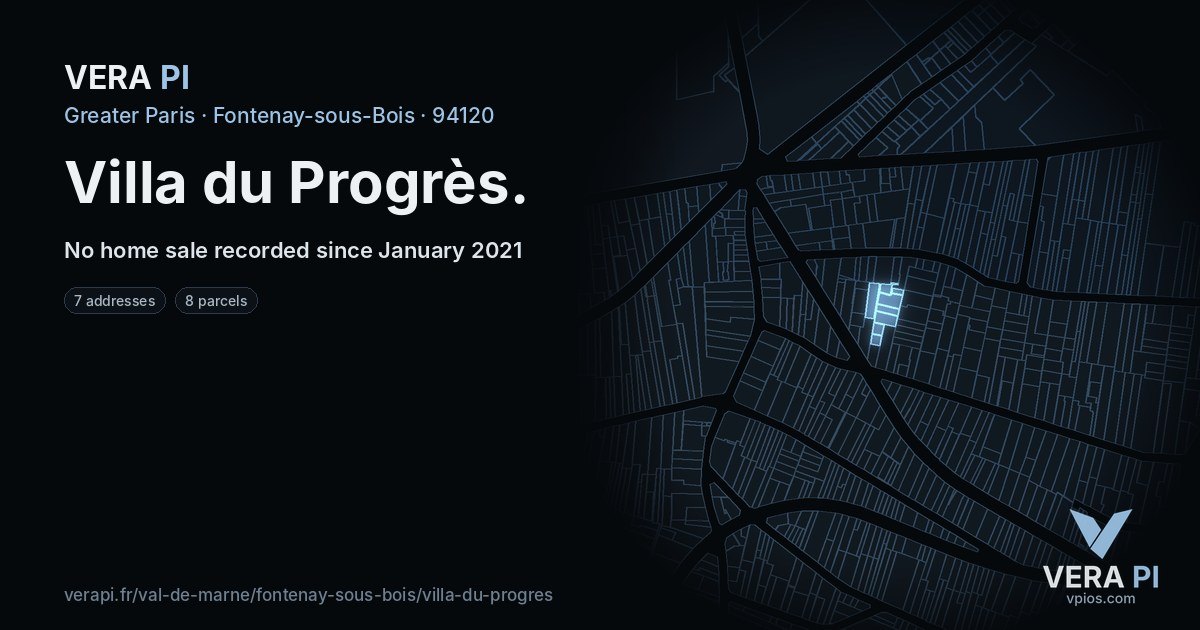 Villa du Progrès, Fontenay-sous-Bois at night – every parcel coloured by the prices around it, the street's own parcels lit