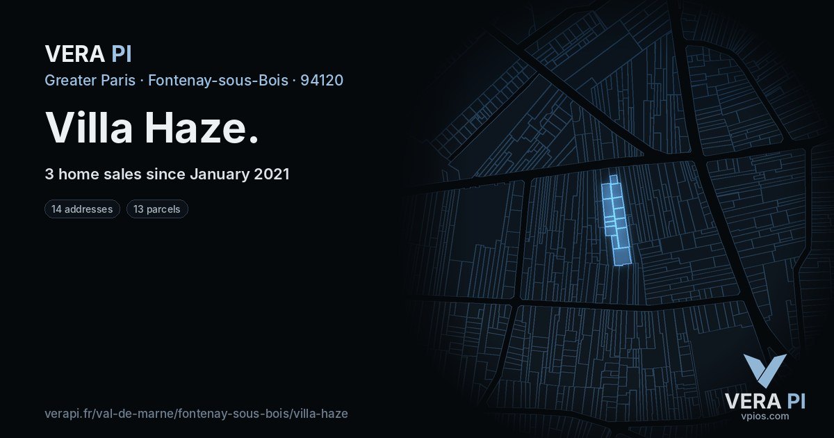Villa Haze, Fontenay-sous-Bois at night – every parcel coloured by the prices around it, the street's own parcels lit