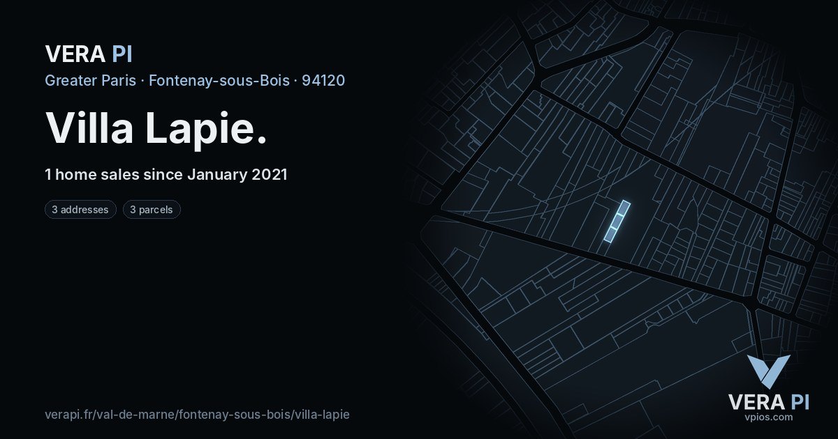 Villa Lapie, Fontenay-sous-Bois at night – every parcel coloured by the prices around it, the street's own parcels lit