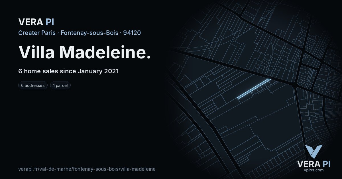 Villa Madeleine, Fontenay-sous-Bois at night – every parcel coloured by the prices around it, the street's own parcels lit