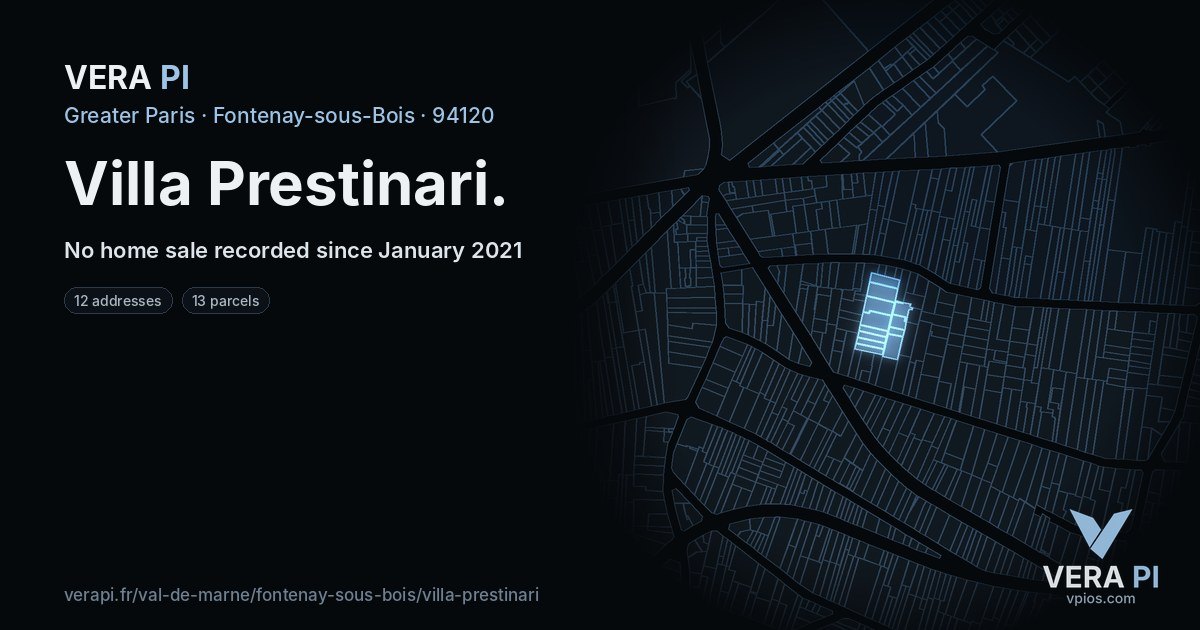 Villa Prestinari, Fontenay-sous-Bois at night – every parcel coloured by the prices around it, the street's own parcels lit