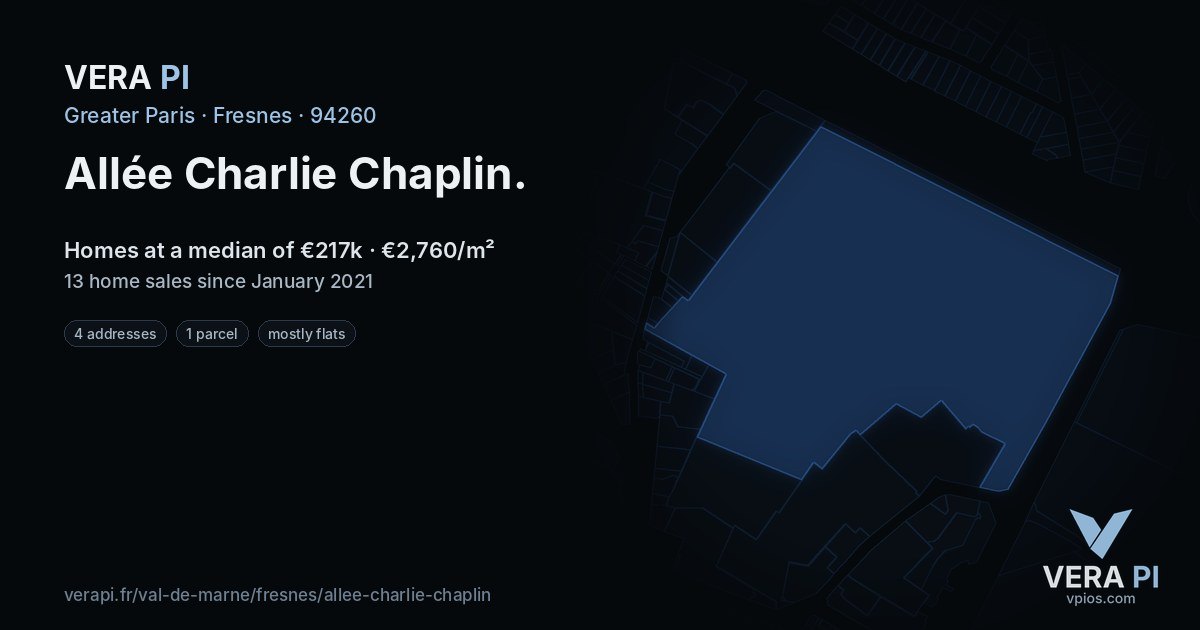 Allée Charlie Chaplin, Fresnes at night – every parcel coloured by the prices around it, the street's own parcels lit