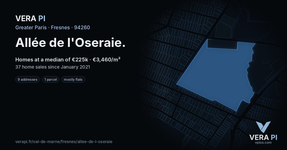 Allée de l'Oseraie, Fresnes at night – every parcel coloured by the prices around it, the street's own parcels lit